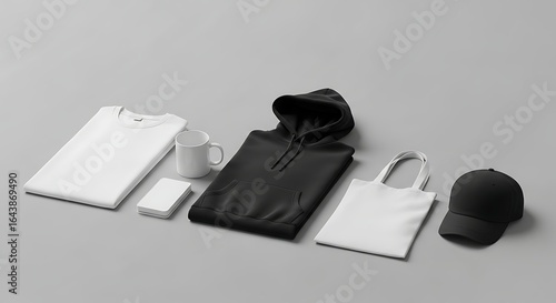 Assortment of blank apparel and accessories arranged in a simple, clean flat lay composition.