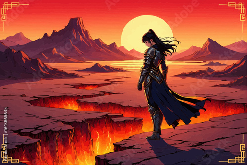 Epic Fantasy Warrior in Molten Armor Across Fiery Cracked Landscape