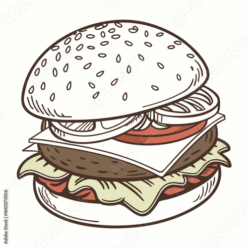 Delicious burger with fresh ingredients, a tasty meal on white