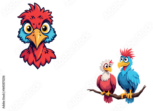 Vsai cartoon birds sitting on branch and staring with large eyes