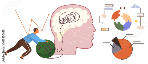 Human pushing tangled ball toward brain, diagrams of charts and flowcharts symbolizing problem-solving. Ideal for perseverance, mental effort, strategy, cognition, analytics, productivity, simple