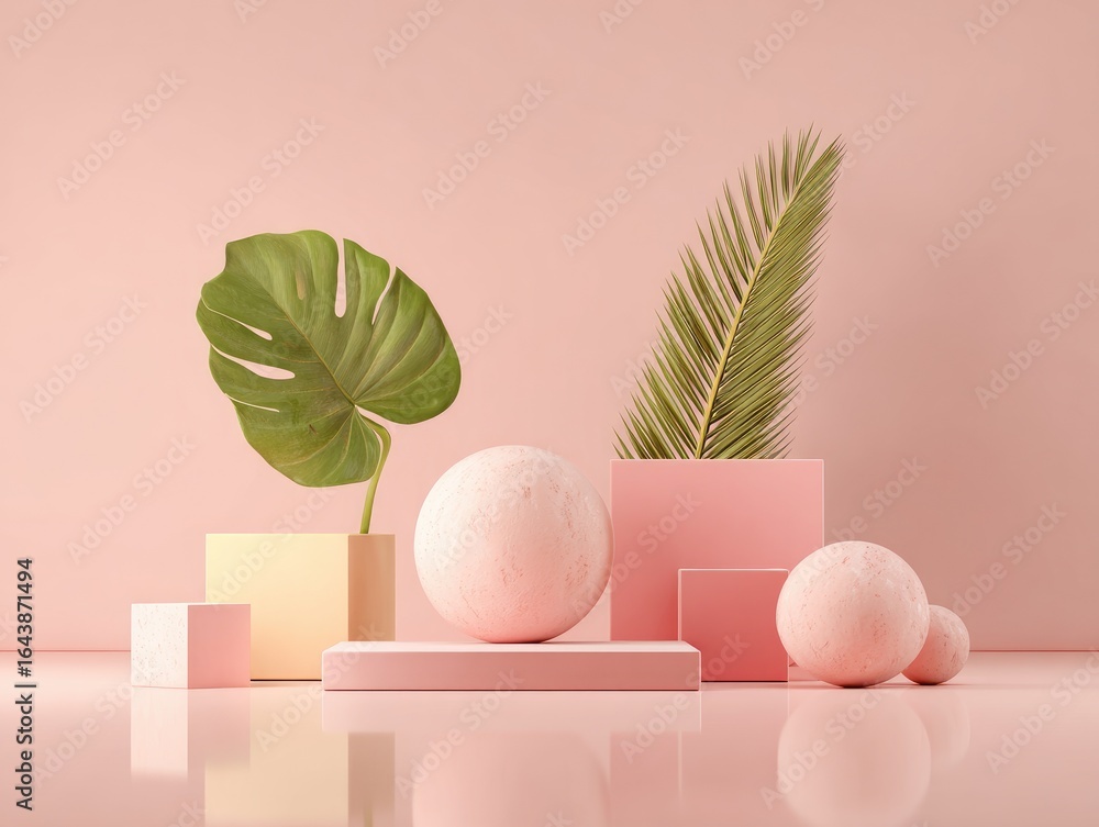 Fototapeta premium Pastel pink and yellow geometric shapes, two pink spheres, a monstera leaf, and a palm frond create a minimalist, elegant still life against a pale pink backdrop with subtle reflections