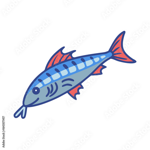 Stylized fish illustration with contrasting blue and red fins
