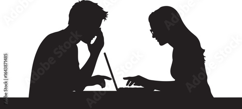 Couple Reading or Browsing Together on Laptop – Silhouette