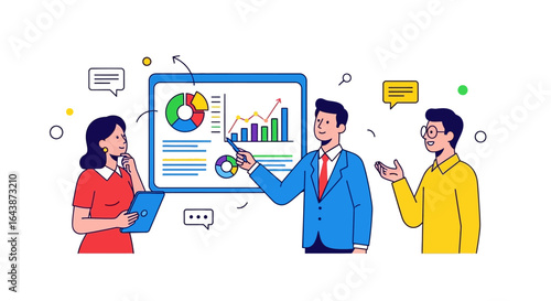 Business team analyzing statistical data on a screen during a presentation. Concept of corporate collaboration and strategic planning.