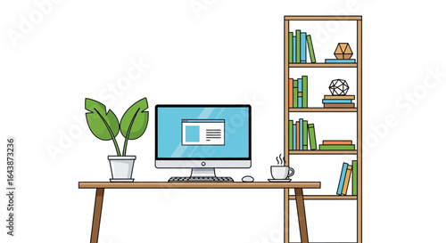 Modern Home Office Setup with Computer, Plant, and Bookshelf - Illustration