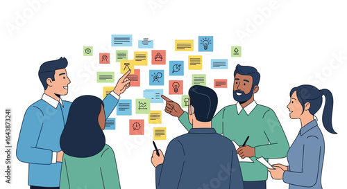 Diverse team collaboratively brainstorming and generating innovative business ideas during a dynamic meeting, utilizing sticky notes for strategic planning and problem-solving.