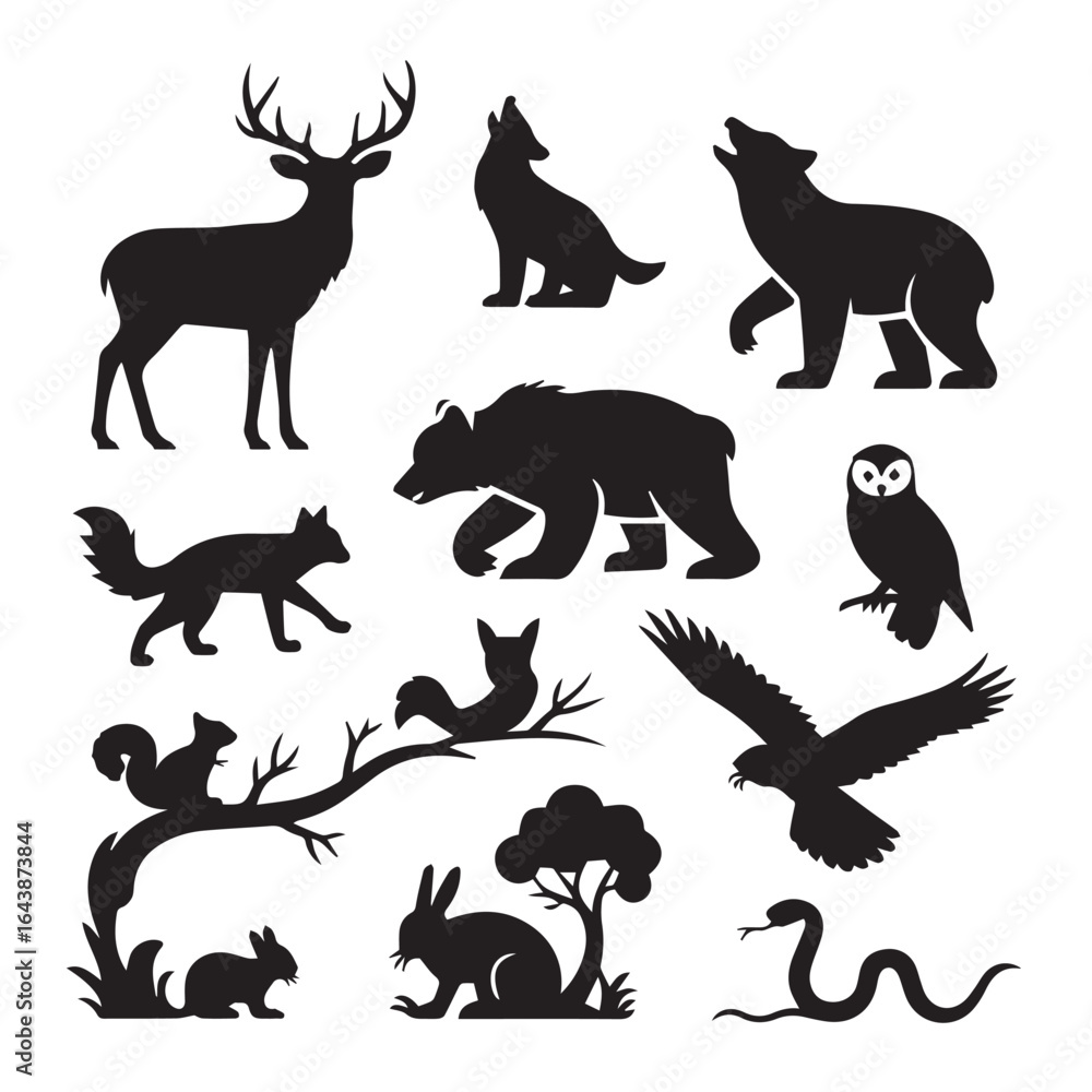 Obraz premium Vector art of collection of various wild animal silhouettes including deer, bear, wolf, fox, owl, snake, squirrel, and rabbit, isolated on white background