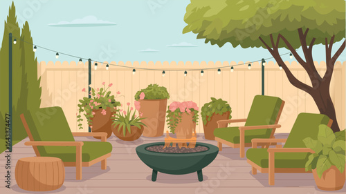Cozy Backyard Patio with Green Armchairs, Fire Pit, String Lights, and Potted Plants