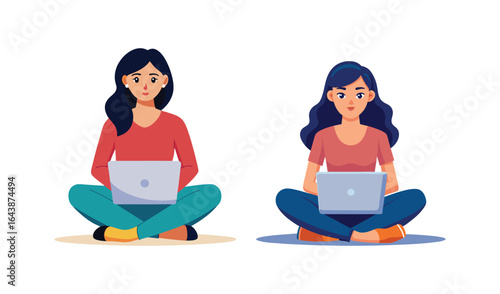 Two women sitting cross legged with laptops on white background