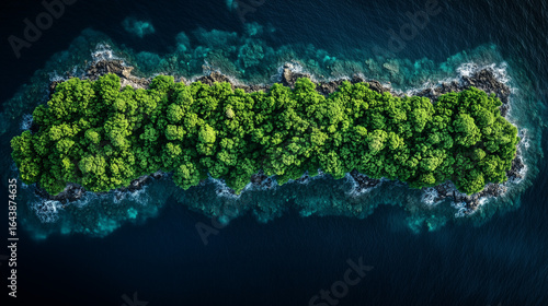 An untouched tropical island full of lush green trees stands isolated in the vast blue ocean, captured from an aerial perspective, showing pristine nature and tranquil beauty.