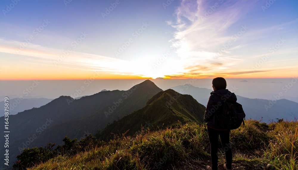 Fototapeta premium Solo adventurer standing on a mountain peak, witnessing a breathtaking sunrise over the landscape.