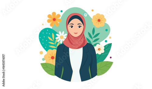 Young muslim woman wearing a hijab with flowers and leaves
