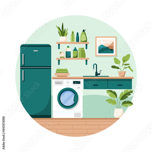 Bright and Clean Laundry Room Interior with Washing Machine Refrigerator and Plants a Modern and Stylish Home Decor Concept
