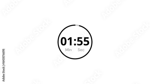 2 minute timer countdown animation, Two minute circle countdown timer animation on white background. From 2 Minute to 1 Minute black Timer Counting Down. 4k video