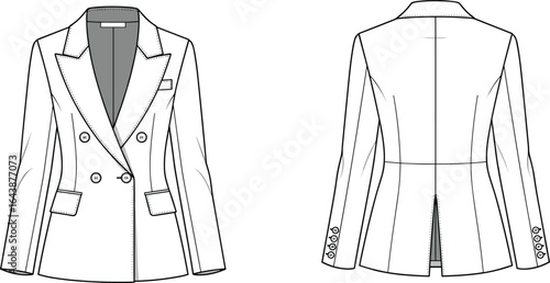 Blazer CAD drawing, fashion flat sketch with double-breasted front, notched lapel, flap pockets, sleeve buttons, back vent, garment vector