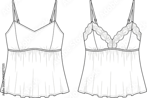 Camisole CAD drawing, fashion flat sketch with lace trim, flared hem, V-neckline, thin straps, lingerie top vector illustration