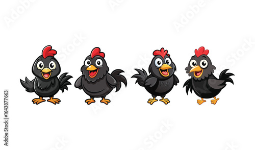 Four cute cartoon black chickens with red combs and happy expressions