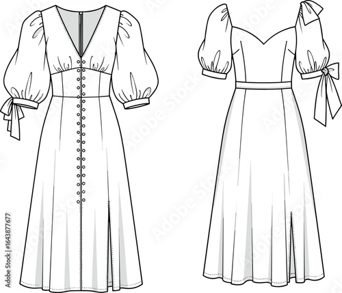 Fashion CAD sketch, two dress designs with puff sleeves, sweetheart and V-necklines, flared skirts, slit detail, vector illustration