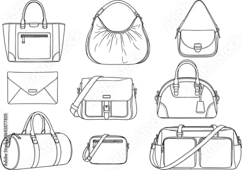 Handbag style vector set, fashion accessories clipart with tote, hobo, clutch, satchel, duffle, crossbody, shoulder bags, purse illustrations