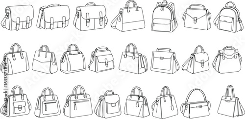 Handbag vector collection, fashion accessories clipart with satchels, totes, backpacks, shoulder bags, buckles, zippers, straps, stylish purse illustrations