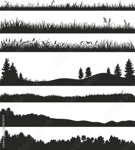Grass and tree silhouette vector set, landscape design elements, nature border collection, wild forest scene, black outdoor illustration shapes