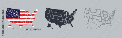 Set of United States maps in flag design, dark silhouette, and outlined style with state borders. Ideal for education, travel, and patriotic themes. High-quality vector for versatile use.