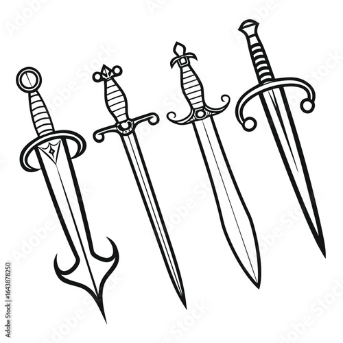 Four ornate swords displayed medieval fantasy