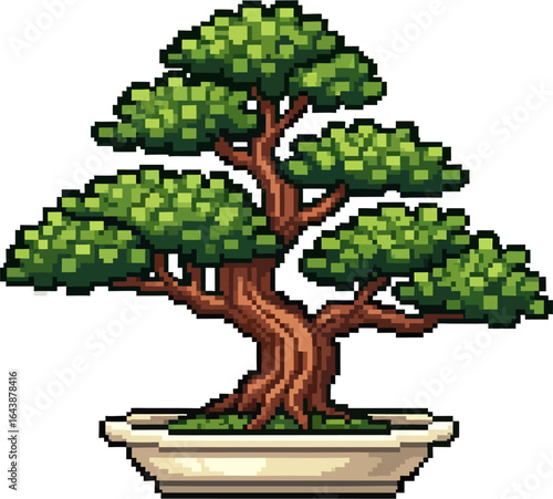 Pixel art representation of a bonsai tree in a pot, showcasing intricate details of the foliage and trunk.