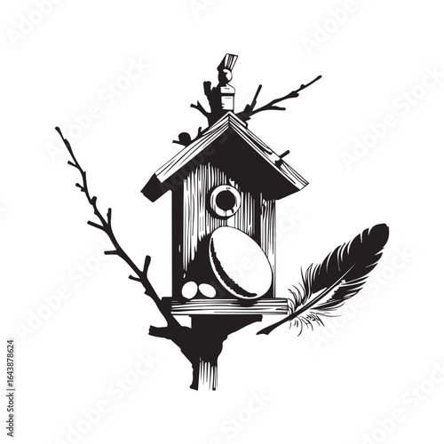 Vector art of black and white illustration of a birdhouse on a tree branch with a feather and eggs, isolated on white background