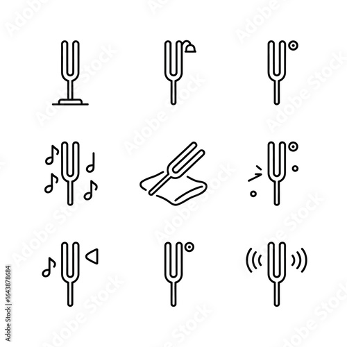 Collection of tuning fork icons representing musical concepts and sound resonance ideal for educational materials and musical instrument guides in minimal style