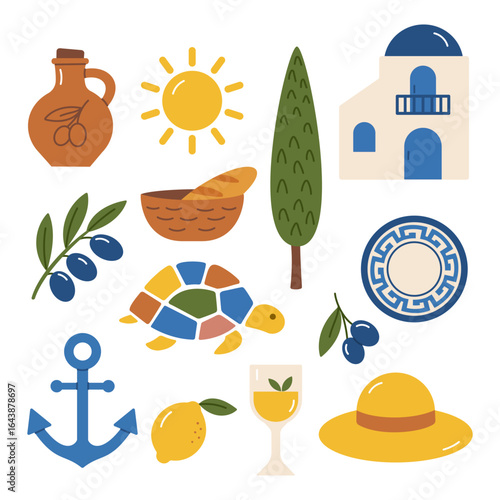 Mediterranean Travel Set. Greek Culture, Food, and Summer Elements in Flat Style.