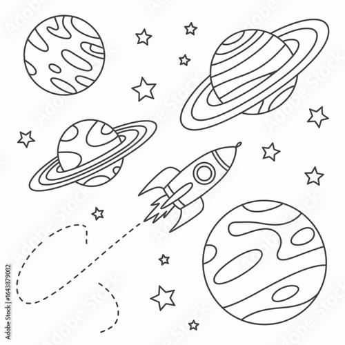 Hand drawn space illustration featuring planets stars and a rocket with a dotted trail ideal for childrens coloring pages or space themed designs