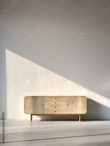 Light-colored wood sideboard with curved edges sits against a minimalist off-white wall, angled sunlight casts shadows on the wall and floor