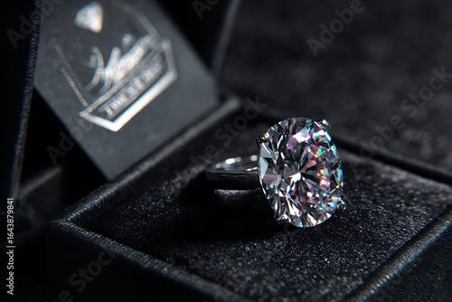 Captivating oval diamond engagement ring sparkles brilliantly inside luxurious velvet box, symbolizing everlasting love and commitment