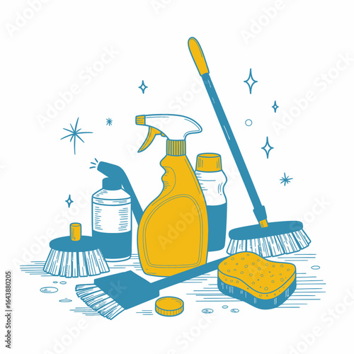 Illustration of cleaning supplies including spray bottle broom scrub brush and sponge in yellow and blue colors on white background