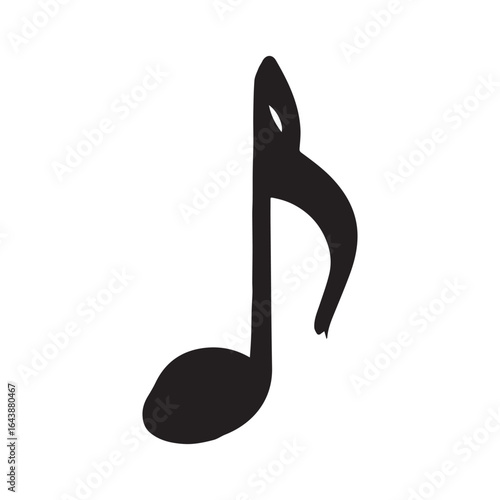 Vector art of black silhouette of a single musical eighth note, isolated on white background