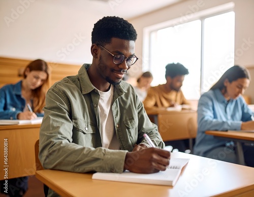 A young black student is taking notes on a notebook during a lesson.	