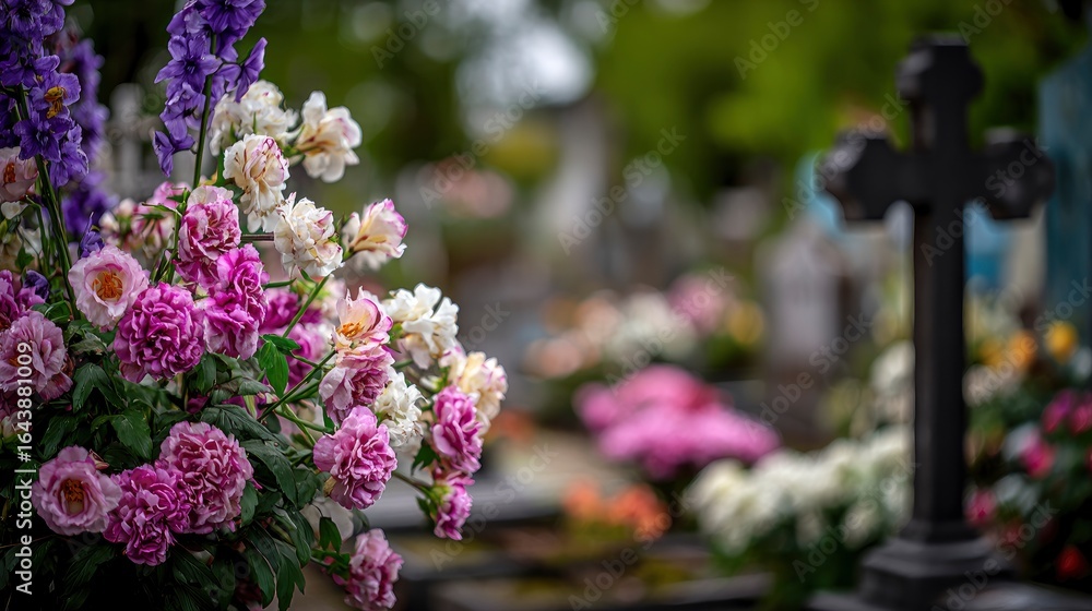 Obraz premium A cemetery with purple and white flowers and a dark cross in the background