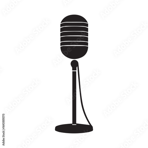 Vector art of black silhouette of a vintage microphone on a stand, isolated on white background