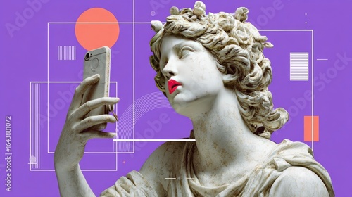 A classical statue with pink lipstick takes a selfie against a purple background with geometric shapes