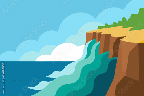 Waterfall flowing from a cliff into the ocean view
