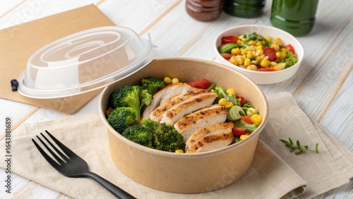 Healthy grilled chicken salad bowl with broccoli and corn