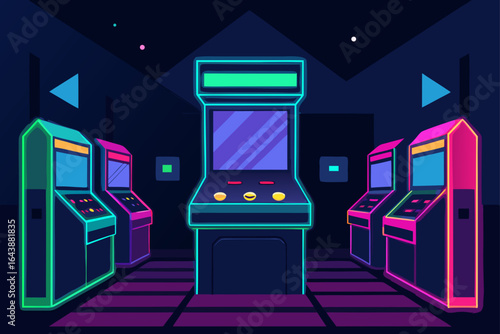Retro arcade machines in a neon lit game center