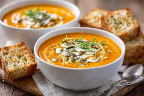 Crema de calabaza con semillas y crema servida con pan tostado