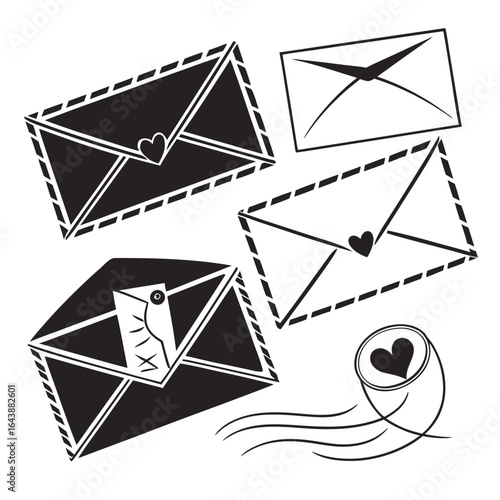 Black and white envelopes with hearts and wavy lines