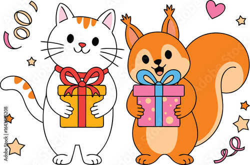 Cartoon Cat and Squirrel Holding Gifts with Decorations on White Background Celebration Illustration
