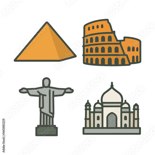 Colorful Outline Famous Landmarks Around The World Architectural Heritage Icons