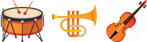 Vector illustration of drum, trumpet, and violin – orchestra percussion, brass, and string musical instruments for classical, jazz, and band music education design