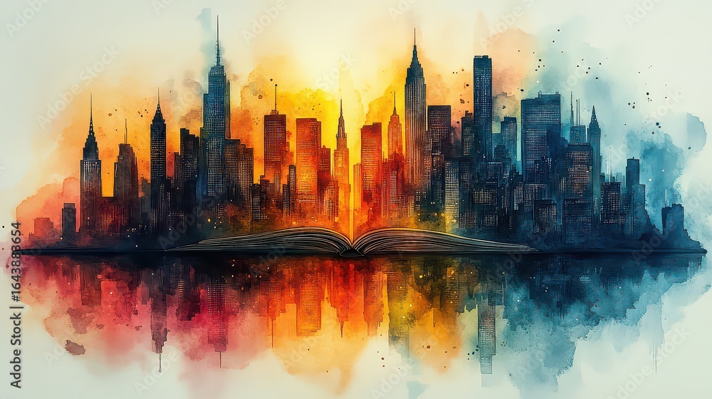 Obraz premium Watercolor cityscape rising from open book, reflecting in water.